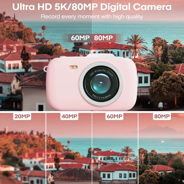 Alt view image 2 of 7 - Digital Camera 5K 80MP 18X Zoom UHD Autofocus Video Camara 2.8" LCD Vlogging Camera for Kids, Compact with Flash, 32GB Card & 2 Batteries, Christmas Birthday for Teens, Kids & Girls, Pink