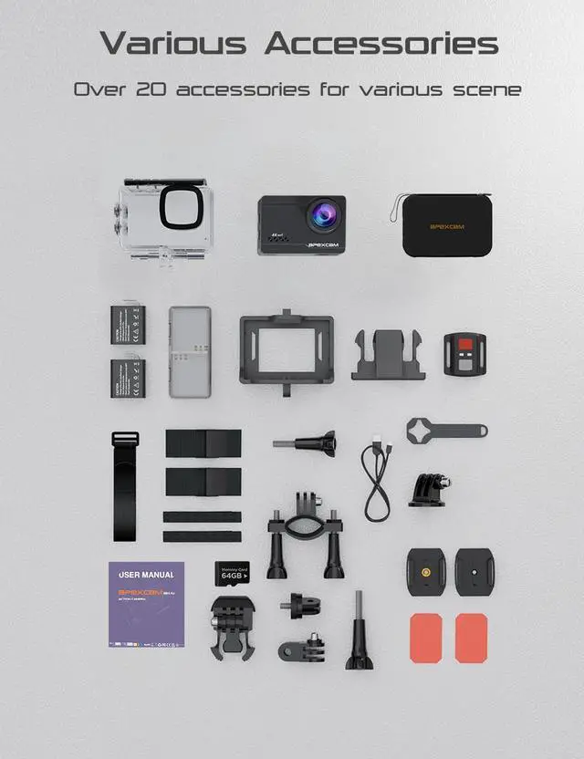 Alt view image 4 of 6 - 4K 60FPS 64MP EIS WiFi Action Camera with 64GB Memory Card Waterproof Underwater Camera 40M Sport Camera 2.0'LCD 2.4G Remote Control 2X1350mAh Batteries and Multiple accessorie