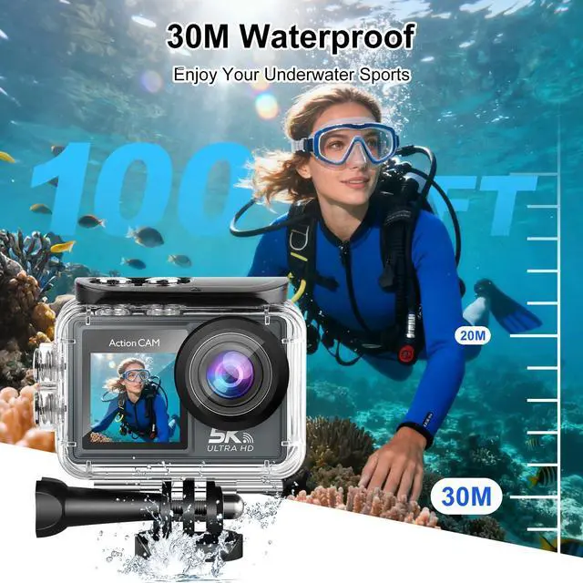 Alt view image 3 of 7 - M40TR 5K WiFi Action Camera with Front LCD & Touch Screen,EIS 100FT Waterproof Underwater Camera 170°Ultra Wide Angle 5X Zoom Sports Camera with 2.4G 15M Remote Control 32GB Card Accessories
