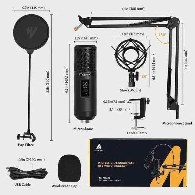 Alt view image 3 of 7 - USB Recording Microphone Kit, Professional Condenser Microphone for PC with One-Touch Mute and Mic Gain Knob for Singing, Podcast, Studio, Streaming PM421