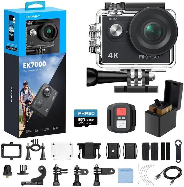 Main image of AKASO EK7000 4K30fps Action Camera with 64GB MicroSDXC U3 Memory Card Accessories Kit Bundle Ultra HD 131FT Waterproof Underwater Camera EIS WiFi Remote Control 4X Zoom, Black