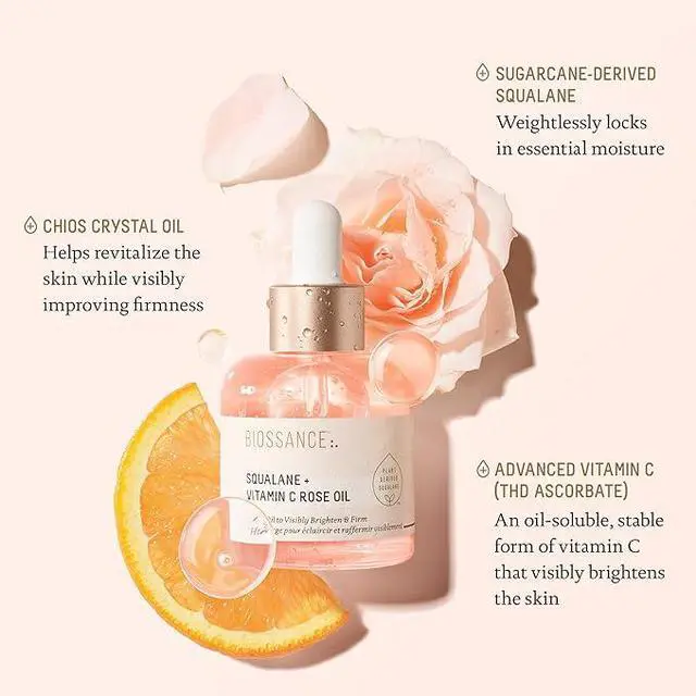 Alt view image 2 of 5 - BIOSSANCE Squalane + Vitamin C Rose Advanced Facial Oil 30ml - Brightening, Firming, and Hydrating Serum for All Skin Types - Chios Crystal Oil, Damascus Rose Extract & Squalane for Radiance