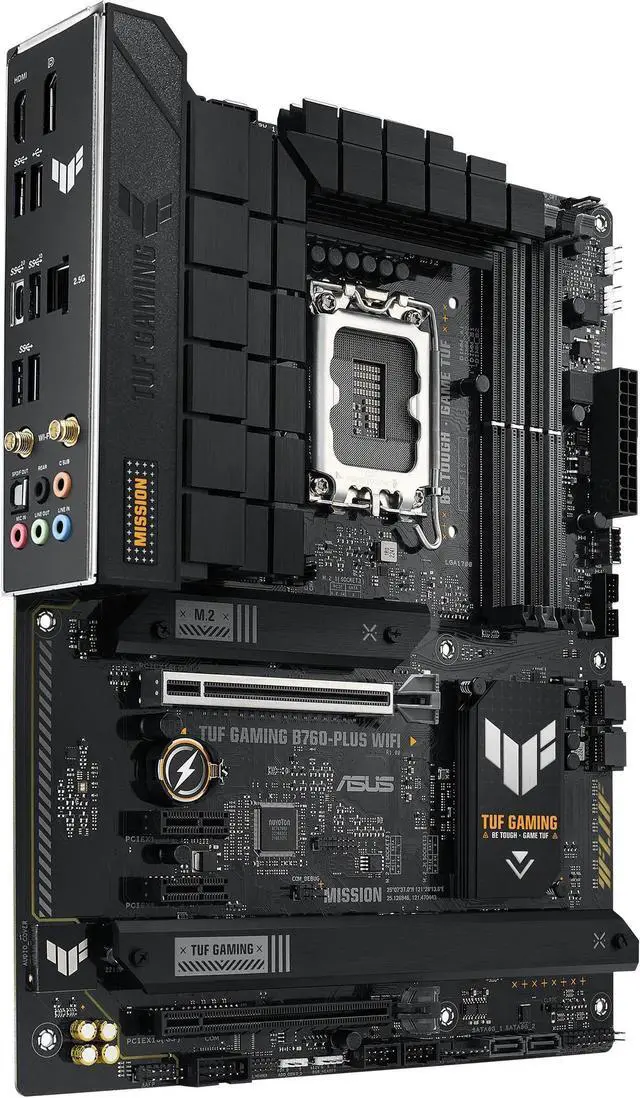 Main image of ASUS TUF GAMING B760-PLUS WIFI Intel B760 (14th, 13th and 12th Gen) LGA 1700 ATX motherboard with PCIe 5.0, three PCIe 4.0 M.2 slots, DDR5, Realtek 2.5Gb Ethernet, DisplayPort, HDMI, SATA 6 Gbps,