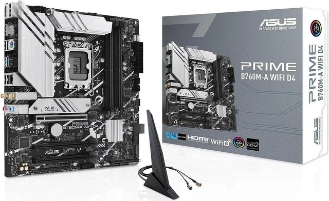 Main image of ASUS PRIME B760M-A WIFI D4 (LGA 1700) mATX motherboard, PCIe 4.0, two M.2 slots, Realtek 2.5Gb Ethernet, Wi-Fi 6, DP/HDMI, SATA 6 Gbps, rear USB 3.2 Gen 2, front USB 3.2 Gen 1 Type-C, Aura Sync