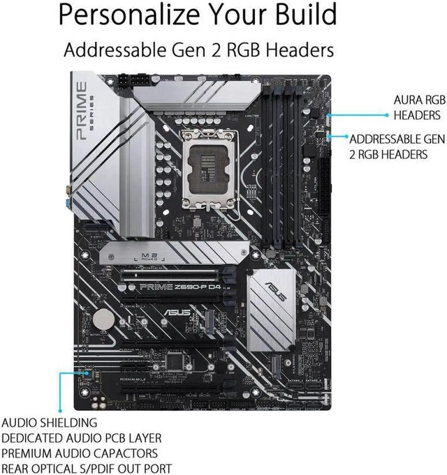 Alt view image 3 of 5 - ASUS Prime Z690-P D4 LGA 1700 Intel 12th Gen ATX Motherboard- PCIe 5.0, DDR4, 14+1 Power Stages, 3x M.2, 2.5Gb LAN, V-M.2 e-key, Front Panel USB 3.2 Gen 1 USB Type-C, Thunderbolt 4 Support, Arua Sync