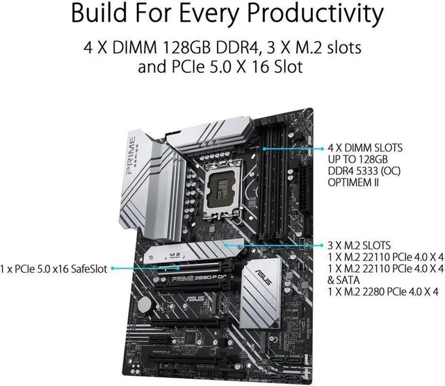 Alt view image 2 of 5 - ASUS Prime Z690-P D4 LGA 1700 Intel 12th Gen ATX Motherboard- PCIe 5.0, DDR4, 14+1 Power Stages, 3x M.2, 2.5Gb LAN, V-M.2 e-key, Front Panel USB 3.2 Gen 1 USB Type-C, Thunderbolt 4 Support, Arua Sync