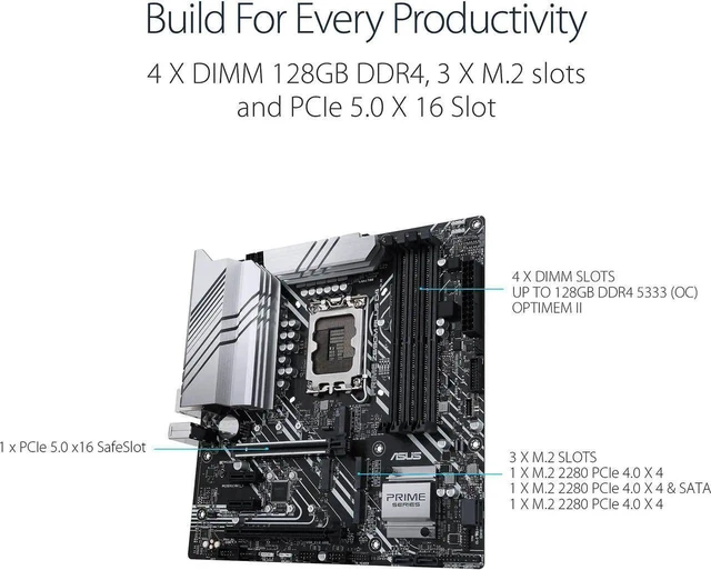 Alt view image 5 of 6 - ASUS Prime Z690M-Plus D4 LGA 1700(Intel® 12th&13th Gen) microATX motherboard (PCIe 5.0,DDR4,10+1 Power Stages,3x M.2,1Gb LAN,USB 3.2 Gen 2x2 Type-C®,front USB 3.2 Gen 1 Type-C®connector)