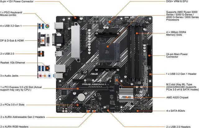 Alt view image 2 of 5 - ASUS PRIME A520M-A II/CSM AM4 Micro ATX AMD Motherboard