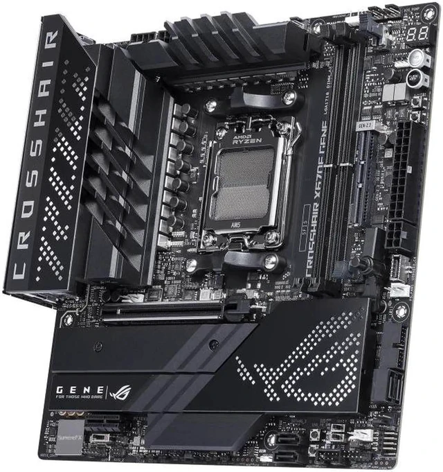 Alt view image 2 of 7 - ASUS ROG CROSSHAIR X670E GENE (AM5, AMD X670,micro-ATX ,DDR5, 3 x M.2 slots 4 x SATA
6Gb/s ports, 2.5Gb Ethernet ,Wi-Fi 6E, USB 3.2 Gen 2 Type-C USB4, EZ Flash ,Aura Sync )