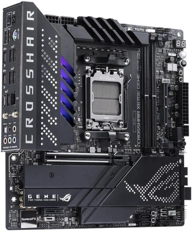 Alt view image 6 of 7 - ASUS ROG CROSSHAIR X670E GENE (AM5, AMD X670,micro-ATX ,DDR5, 3 x M.2 slots 4 x SATA
6Gb/s ports, 2.5Gb Ethernet ,Wi-Fi 6E, USB 3.2 Gen 2 Type-C USB4, EZ Flash ,Aura Sync )