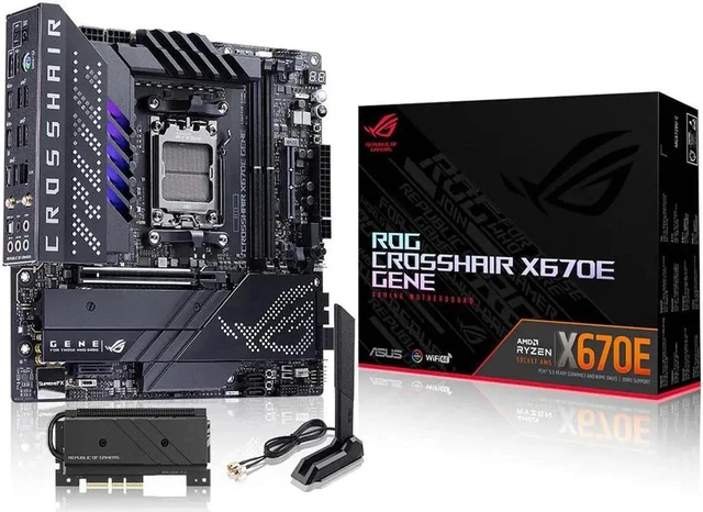 Main image of ASUS ROG CROSSHAIR X670E GENE (AM5, AMD X670,micro-ATX ,DDR5, 3 x M.2 slots 4 x SATA
6Gb/s ports, 2.5Gb Ethernet ,Wi-Fi 6E, USB 3.2 Gen 2 Type-C USB4, EZ Flash ,Aura Sync )