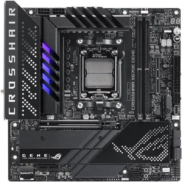 Alt view image 5 of 7 - ASUS ROG CROSSHAIR X670E GENE (AM5, AMD X670,micro-ATX ,DDR5, 3 x M.2 slots 4 x SATA
6Gb/s ports, 2.5Gb Ethernet ,Wi-Fi 6E, USB 3.2 Gen 2 Type-C USB4, EZ Flash ,Aura Sync )