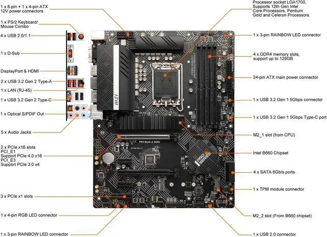 Alt view image 4 of 7 - MSI PRO B660-A DDR4 LGA 1700 Intel B660 SATA 6Gb/s ATX Intel Motherboard