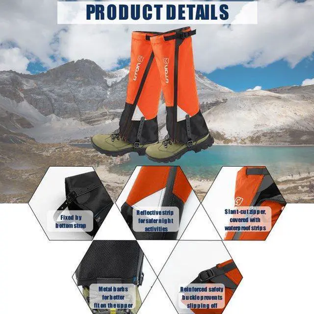 Alt view image 5 of 7 - 1 Pair Tear-resistant Waterproof High Leg Gaiters Rain Snow Boot Leg Covers Orange Size M