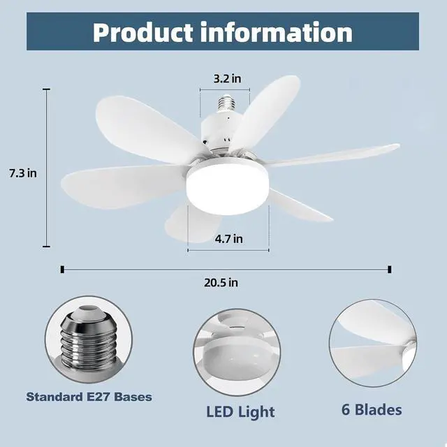 Alt view image 3 of 7 - Socket Ceiling Fans with Lights and Remote- Socket Fan light with Dimmable Led