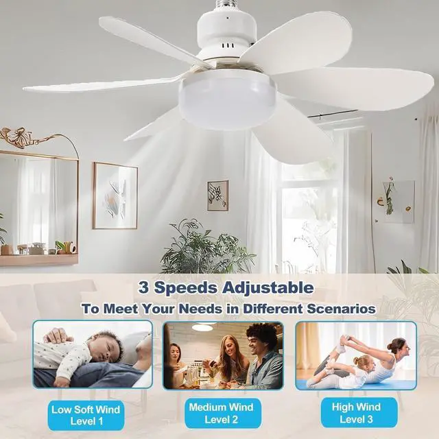 Alt view image 5 of 7 - Socket Ceiling Fans with Lights and Remote- Socket Fan light with Dimmable Led