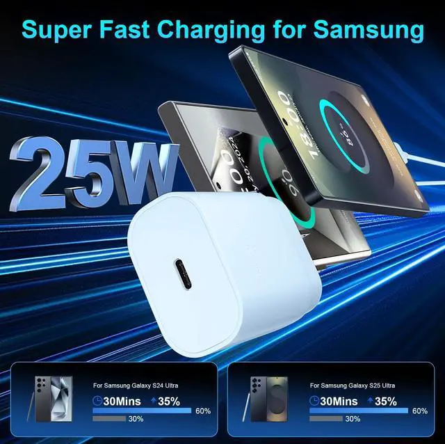 Alt view image 2 of 6 - Super Fast Charger Type C, 25W USB C Wall Charger Fast Charging for Samsung Galaxy S25 Ultra/S25/S25+/S24+/S24 Ultra/S24/S24+/S23 Ultra/S22 Ultra/S21 Ultra with 12FT Long Type C Charger Cable 2Pack