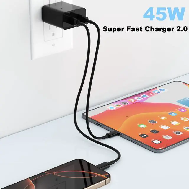 Alt view image 6 of 7 - 45W 2Pack Super Fast Charger USB C Dual Port Android Phone Charger Type C Fast Charging Block with 10FT Type-C Charger Cord for Samsung Galaxy S25/S25 Ultra/S25+/S24 Ultra/S24/S24+/S23/S22/iphone 17