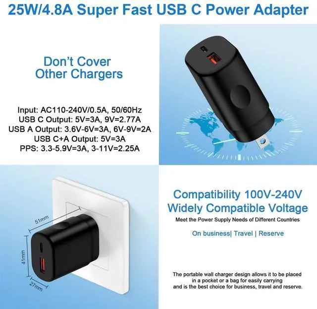 Alt view image 4 of 7 - Charger Plug Super Fast Charging 25W 2 Port USB A & USB C Wall Charger Block Android Phone Adapter Compatible with Samsung Galaxy S25 Ultra S25 FE Edge S25 Plus A17 A16 A35 A55 S24 A14 A54 S23 S22 A25