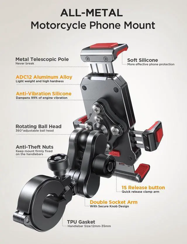 Alt view image 2 of 7 - JOYROOM Aluminum Alloy Motorcycle Phone Mount with Vibration Dampener, Motorcycle Phone Holder for Harley Bike Bicycle Scooter ATV/UTV, Compatible with iPhone, Samsung, All Cell Phones