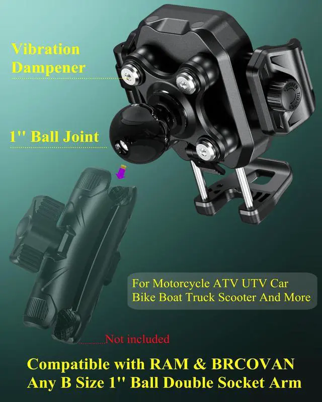 Alt view image 3 of 7 - BRCOVAN 1'' Ball Phone Mount Holder with Vibration Dampener, Compatible with RAM Mounts B Size Double Socket Arm, Adjustable fit 5.4-7.2'' Phone, for Motorcycle ATV UTV Car Bike Boat Truck Scooter