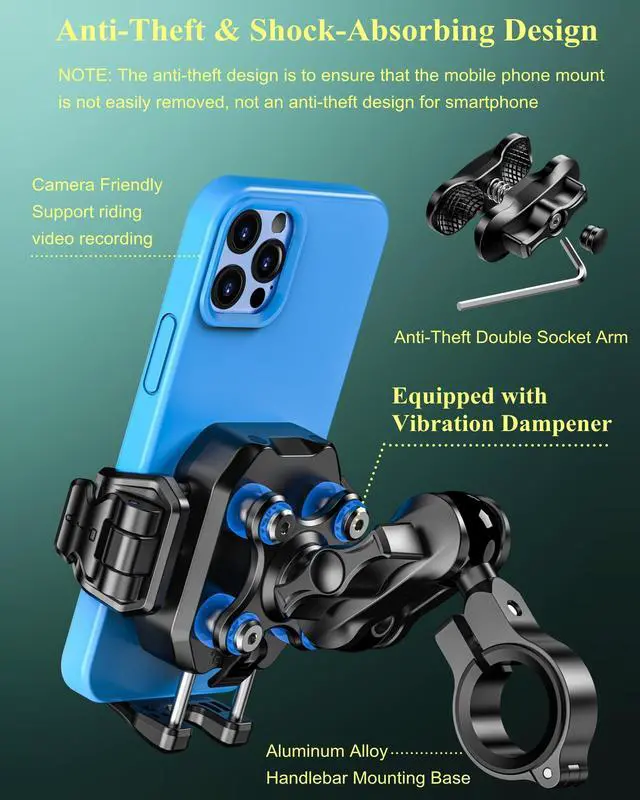 Alt view image 4 of 7 - BRCOVAN Anti-Theft Motorcycle Phone Mount with Vibration Dampener, [1s Lock] [Camera Friendly] Handlebar Cellphone Holder for Bike Bicycle Scooter ATV, Adjustable Size Fit 5.4-7.2" Smartphone