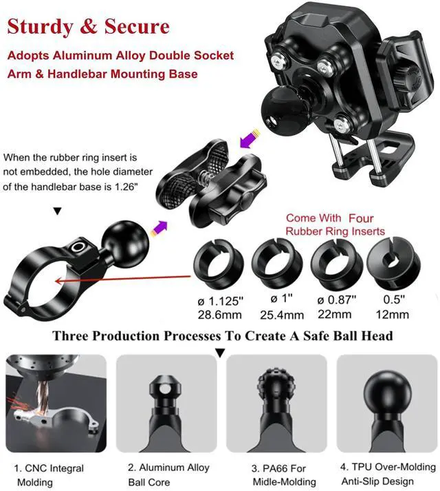 Alt view image 7 of 7 - BRCOVAN Anti-Theft Motorcycle Phone Mount with Vibration Dampener, [1s Lock] [Camera Friendly] Handlebar Cellphone Holder for Bike Bicycle Scooter ATV, Adjustable Size Fit 5.4-7.2" Smartphone