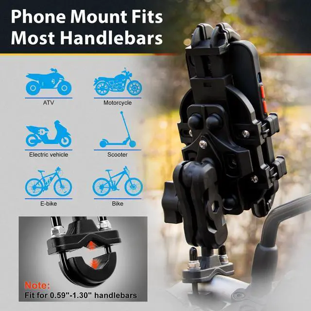 Alt view image 2 of 7 - ELVANO Motorcycle Phone Mount Holder: Anti-Shake Phone Holder with Vibration Dampener for 4.7-7.2" Smartphone, Heavy Duty Adjustable Cellphone Clip Fits 0.6-1.3" Handlebar for Bike Bicycle Scooter ATV