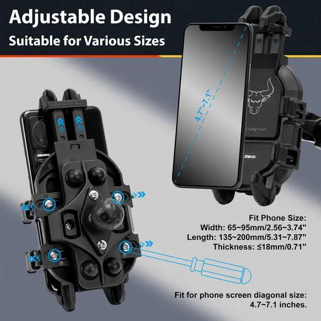 Alt view image 6 of 7 - ELVANO Motorcycle Phone Mount Holder: Anti-Shake Phone Holder with Vibration Dampener for 4.7-7.2" Smartphone, Heavy Duty Adjustable Cellphone Clip Fits 0.6-1.3" Handlebar for Bike Bicycle Scooter ATV