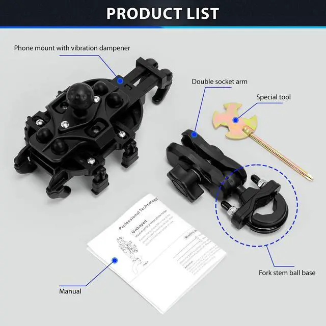 Alt view image 7 of 7 - ELVANO Motorcycle Phone Mount Holder: Anti-Shake Phone Holder with Vibration Dampener for 4.7-7.2" Smartphone, Heavy Duty Adjustable Cellphone Clip Fits 0.6-1.3" Handlebar for Bike Bicycle Scooter ATV