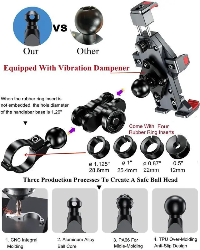 Alt view image 4 of 7 - BRCOVAN Aluminum Alloy Motorcycle Phone Mount with Vibration Dampener & High-Speed Secure Lock, Anti-Theft Handlebar Cellphone Holder for Motorcycle Bike Bicycle Scooter ATV, for 4.7-7.2'' Smartphone