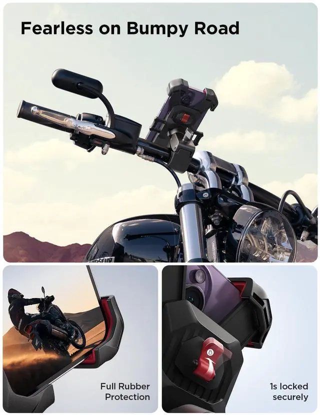 Alt view image 5 of 7 - JOYROOM Motorcycle Phone Mount, [1s Auto Lock][100mph Military Anti-Shake] Bike Phone Holder for Bicycle, [10s Quick Install] Handlebar Phone Mount, Compatible with iPhone, Samsung, All Cell Phone