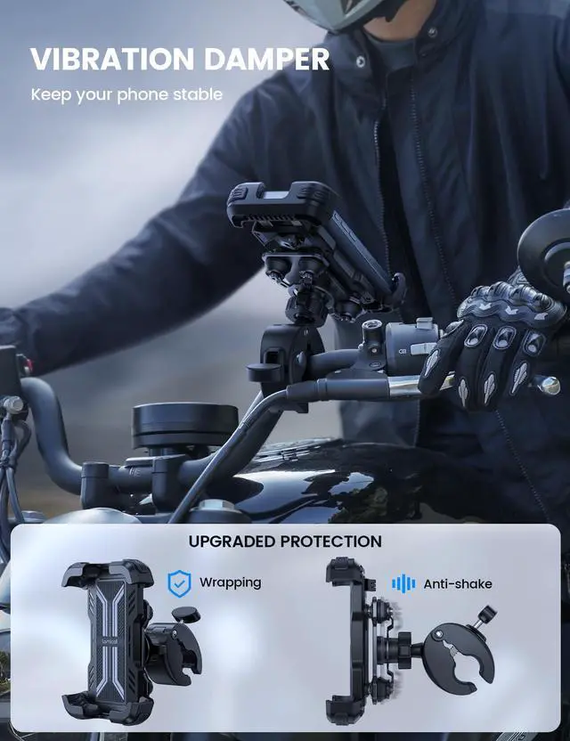 Alt view image 2 of 7 - Lamicall Motorcycle Phone Mount Holder - [Dual Vibration Dampener] [Upgrade Handlebar Clip] Motorcycle Cell Phone Holder, Bike Phone Mount, Fit iPhone 16/15/14/13 Pro Max, 4.7-6.7" Phones, Black