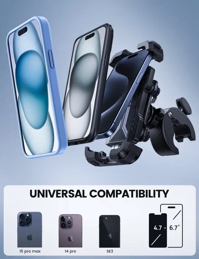 Alt view image 4 of 7 - Lamicall Motorcycle Phone Mount Holder - [Dual Vibration Dampener] [Upgrade Handlebar Clip] Motorcycle Cell Phone Holder, Bike Phone Mount, Fit iPhone 16/15/14/13 Pro Max, 4.7-6.7" Phones, Black