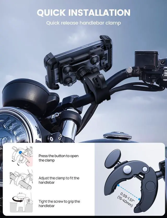 Alt view image 6 of 7 - Lamicall Motorcycle Phone Mount Holder - [Dual Vibration Dampener] [Upgrade Handlebar Clip] Motorcycle Cell Phone Holder, Bike Phone Mount, Fit iPhone 16/15/14/13 Pro Max, 4.7-6.7" Phones, Black