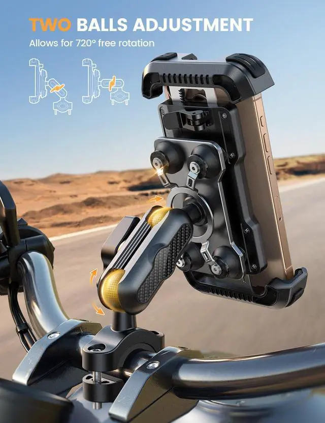 Alt view image 2 of 7 - Lamicall Motorcycle Phone Mount Holder - [Metal Extension Arm] [Dual Vibration Dampener] Motorcycle Cell Phone Mount, Bike Bicycle Handlebar Phone Clamp, for iPhone 16/15/ 14 Pro Max, 4.7-6.7" Phones