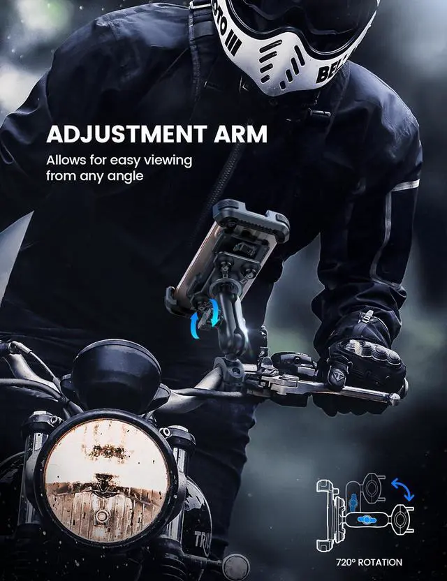 Alt view image 2 of 7 - Lamicall Motorcycle Phone Mount Holder - [Dual Vibration Dampener] [Metal Adjustment Arm] Motorcycle Cell Phone Holder, Bike Handlebar Phone Mount, for iPhone 16/15/ 14/13 Pro Max, 4.7-6.7" Phones