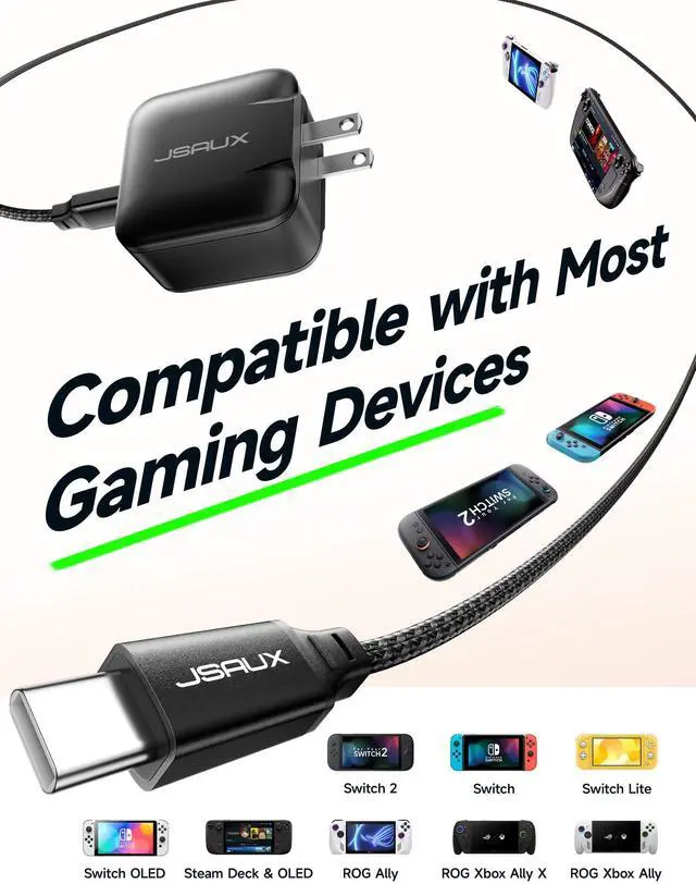 Alt view image 5 of 7 - JSAUX 65W USB C Charger for Nintendo Switch 2, Powers in TV Mode, with EU/UK Plug & 6.6FT Cable, GaN PD Fast Charge for ROG Xbox Ally, Steam Deck, ROG Ally, iPhone 17, Galaxy, Tablet & Laptop  Black