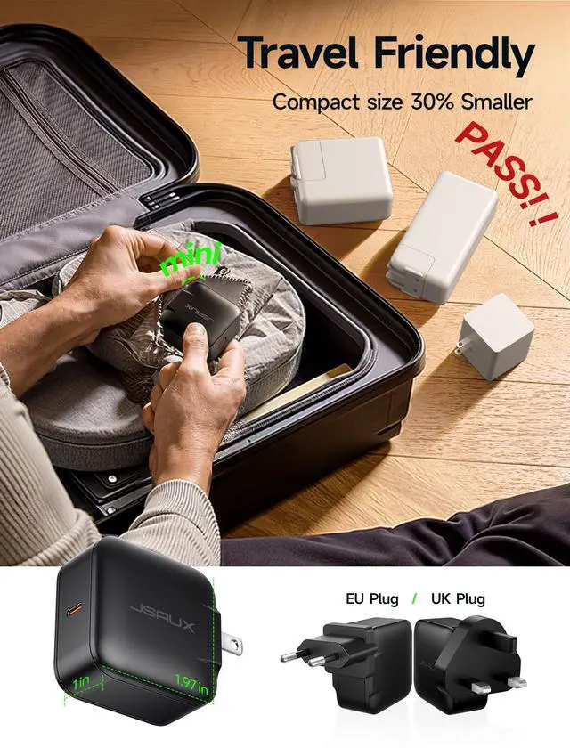 Alt view image 7 of 7 - JSAUX 65W USB C Charger for Nintendo Switch 2, Powers in TV Mode, with EU/UK Plug & 6.6FT Cable, GaN PD Fast Charge for ROG Xbox Ally, Steam Deck, ROG Ally, iPhone 17, Galaxy, Tablet & Laptop  Black