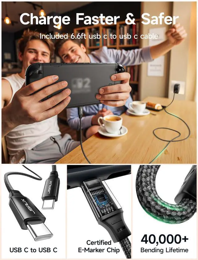 Alt view image 6 of 7 - JSAUX 65W USB C Charger for Nintendo Switch 2, Powers in TV Mode, with EU/UK Plug & 6.6FT Cable, GaN PD Fast Charge for ROG Xbox Ally, Steam Deck, ROG Ally, iPhone 17, Galaxy, Tablet & Laptop  Black