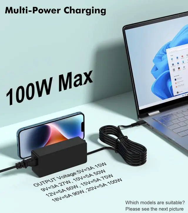 Alt view image 4 of 7 - USB-C-Laptop-Charger - Yenyoh 100W USB C Charger, Fast Charging Compatible with Lenovo ThinkPad HP Asus Acer MacBook MSI Dell Computer Tablet Chargers Adapters Type C Power Cord 90W 65W 45W PD 3.0