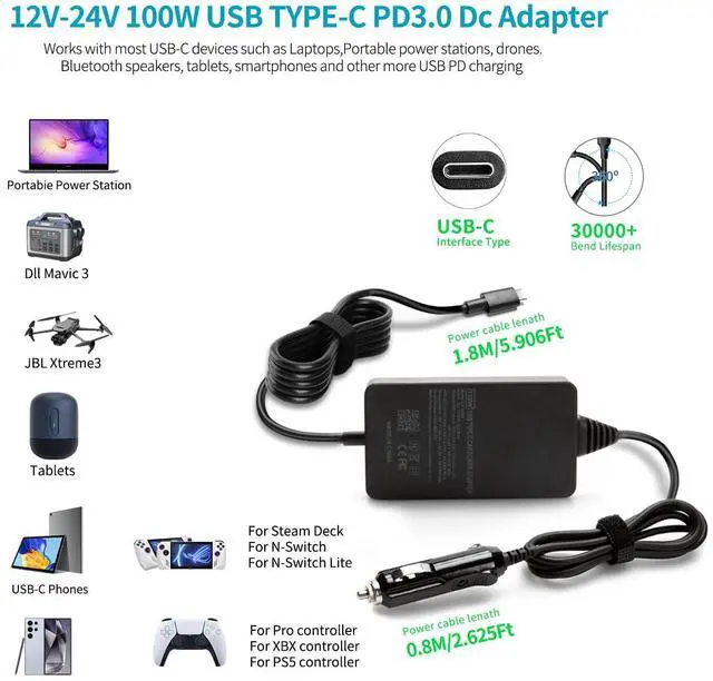 Alt view image 5 of 7 - 100W Car Laptop Charger USB C Compatible with MacBook HP Dell Acer Asus Lenovo Thinkpad Nimo MSI LG Samsung Surface pro 10 9 8 Google Chromebook, iPad ROG Ally Steam Deck Type-C Devices