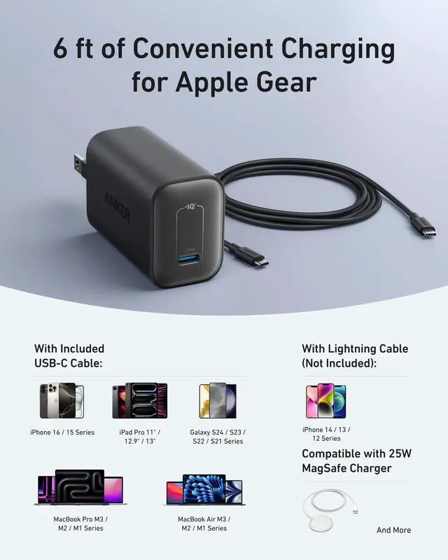 Alt view image 6 of 6 - Laptop Charger, 100W Foldable Type C Charger Fast Charging for MacBook, iPhone 17 Series, and All USB C Devices(6FT USB-C Cable Included, Compatible with MagSafe)