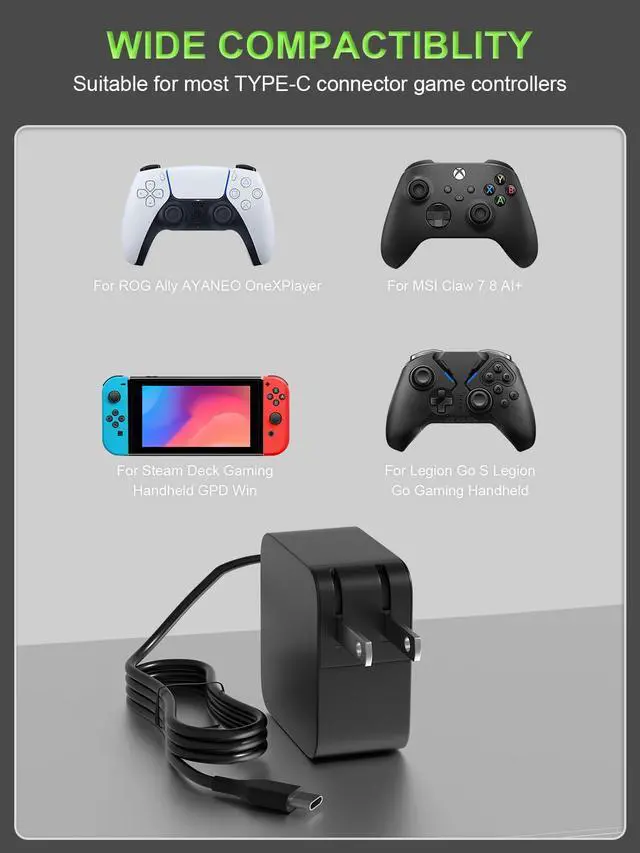 Alt view image 3 of 7 - 65W USB C Charger Compatible with ASUS ROG Xbox Ally X R1 Z1, Steam Deck, Legion Go S, Switch/Lite/OLED/Switch2/ MSI Claw/Logitech G Cloud, GPD Win, onexplayer Gaming Handheld