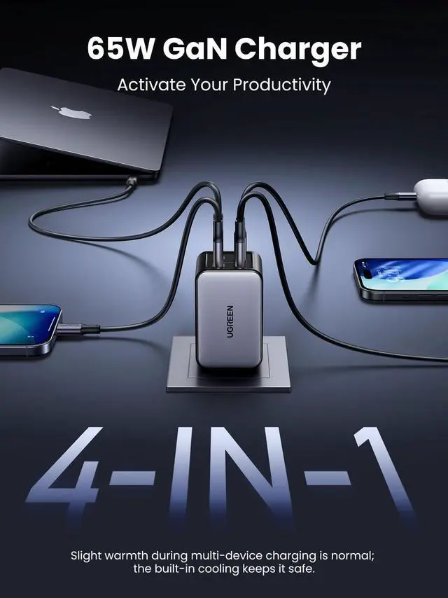 Alt view image 3 of 7 - UGREEN Nexode 65W GaN USB C Wall Charger, 4-Port Fast Type-C Charger Compatible with MacBook Pro/Air, iPhone 17/16/15 Series, Galaxy S25/S24, Pixel 10/9, iPad Pro, Steam Deck