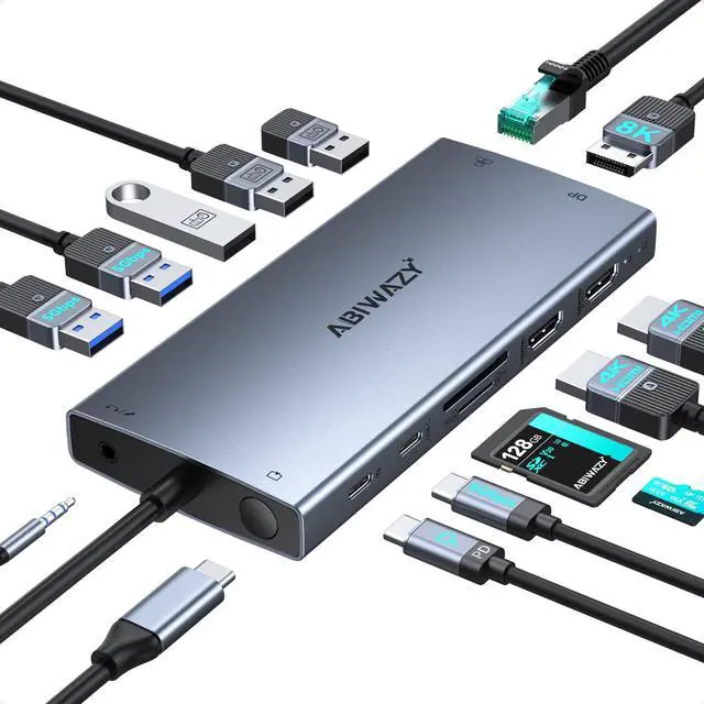 Main image of USB C Docking Station Dual Monitor for Dell XPS/HP/Lenovo/Surface, 15 in 1 USB C Hub 3 Monitor Adapter, Dock with 8K DisplayPort, 2 HDMI 4K@60Hz, 6 USB A/C, 100W PD, Ethernet, SD/MicroSD
