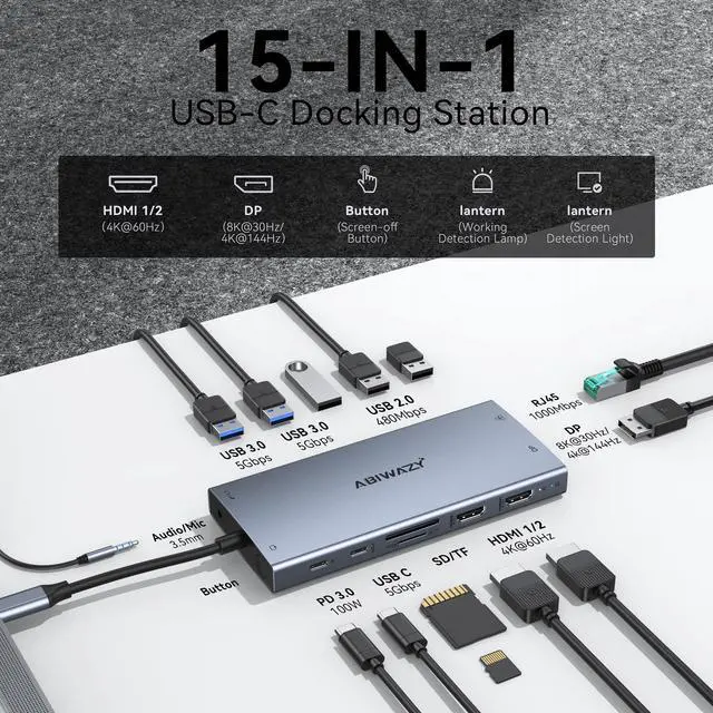 Alt view image 2 of 7 - USB C Docking Station Dual Monitor for Dell XPS/HP/Lenovo/Surface, 15 in 1 USB C Hub 3 Monitor Adapter, Dock with 8K DisplayPort, 2 HDMI 4K@60Hz, 6 USB A/C, 100W PD, Ethernet, SD/MicroSD