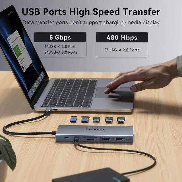 Alt view image 7 of 7 - USB C Docking Station Dual Monitor for Dell XPS/HP/Lenovo/Surface, 15 in 1 USB C Hub 3 Monitor Adapter, Dock with 8K DisplayPort, 2 HDMI 4K@60Hz, 6 USB A/C, 100W PD, Ethernet, SD/MicroSD