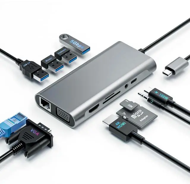 Main image of USB C Hub Docking Station, 11-in-1 Multiport Adapter Dongle with 4K HDMI, VGA, USB 3.0 5 Gbps, SD/TF Card Reader, Type C PD, 3.5mm Audio, Ethernet, Compatible for Macbook Mac HP Dell Lenovo Laptops PC