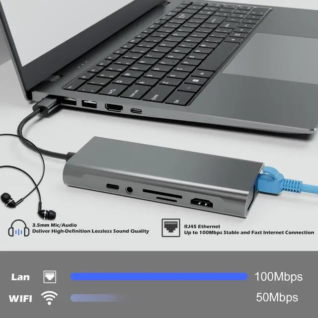 Alt view image 6 of 7 - USB C Hub Docking Station, 11-in-1 Multiport Adapter Dongle with 4K HDMI, VGA, USB 3.0 5 Gbps, SD/TF Card Reader, Type C PD, 3.5mm Audio, Ethernet, Compatible for Macbook Mac HP Dell Lenovo Laptops PC